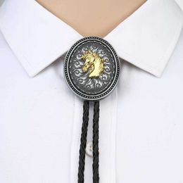 Bolo Ties vintage round gold horse head bolo tie for man Indian cowboy western cowgirl leather rope zinc alloy necktie HKD230719