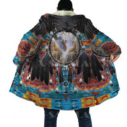 Men's Wool Blends Thick Warm Hooded Cloak for Men Skull Native Feather Totem Overcoat Coat 3D Print Windproof Fleece Cape Robe Hooded Blanket-23 HKD230718