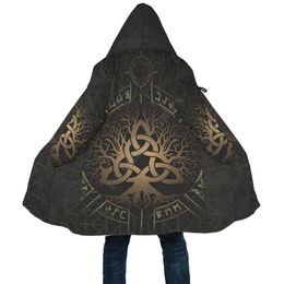 Men's Wool Blends Winter Men For Women Tattoo Hooded Cloak Yggdrasil Helm Of Awe Rune Circle 3D Prined Fleece Wind Breaker Warm Hood Cloak HKD230718