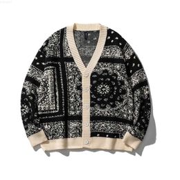 Men's Sweaters Cardigan sweater men's autumn V-neck sweater cashew flower fashion Japanese loose men's casual cool trendy student top winter L230719