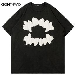 Vintage Men T Shirt Hip Hop Embroidery Teeth Patch Washed Tshirt Punk Gothic Oversized Tee Shirts 2023 Harajuku Cotton Loose Top