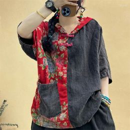 Women's T Shirts 2023 Oversized Patchwork Big Pocket Shirt Summer Women Casual Loose Retro Ethnic Style Korean Hooded Printed T-Shirt Tops