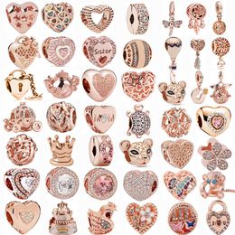 2022 Original 925 silver beads Rose Gold Sparkling Heart Lock Key Pendant Beads Charm Fit Pandora Charms Bracelets Women DIY Jewel323c