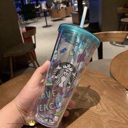 500ML Cute Sakura Starbucks Cup Double Plastic with Straws PET Material for Kids Adult Girlfirend for Gift Products 315f