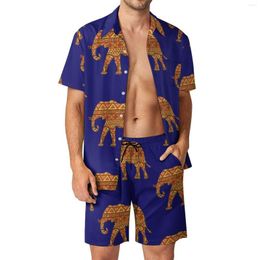 Men's Tracksuits Vintage Elephant Men Sets African Animal Print Casual Shorts Beachwear Shirt Set Summer Pattern Suit Plus Size Clothes