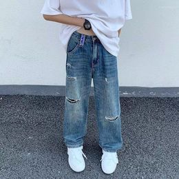 Men's Jeans Foufurieux 2023 Men Ripped Holes Denim Fashion High Waist Button Streetwear Long Pants Male Vintage Trousers Mens