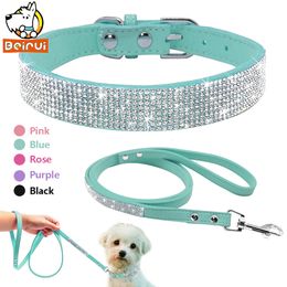 Dog Collars Leashes Suede Leather Collar Leash Set Crystal Soft Material Adjustable Small Dogs Cat Pets Leads Chihuahua 230719