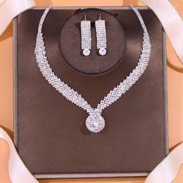 Necklace Earrings Set Luxury Earring For Women Rhinestone Sliver Bride Choker Drop Party Wedding Dress Accessories