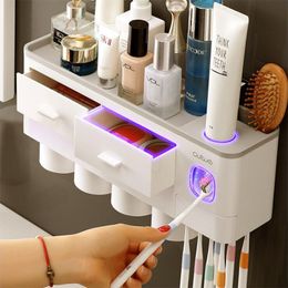 Toothbrush Holders Toothbrush Holder Bathroom Accessories Set Wall Mount Storage Rack Toiletries Storage Toothpaste Dispenser With Cup 230718