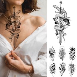 Waterproof Temporary Tattoo Sticker Black Snake Dragon Totem Flash Tatto Sword Rose Arm Neck Body Art Fake Tattoos For Women Men