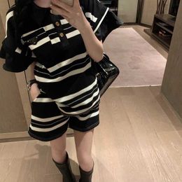Women's Tracksuits designer Classic Triangle Black and White Stripe Polo Shirt with Flying Sleeves Top T-shirt Shorts Casual Loose Set DLPX