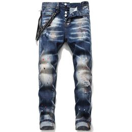 Unique Mens Distressed Ripped Blue Skinny Men Jeans Fashion Designer Slim Fit Washed Motocycle Denim Pants Panelled Biker Trousers213V