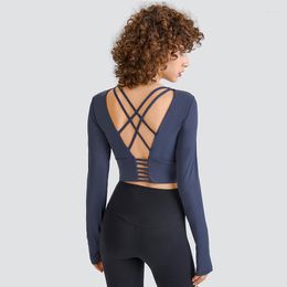 Active Shirts Women's Spaghetti Straps Cross Beautiful Back Short Halter Body Fitness Long Sleeves