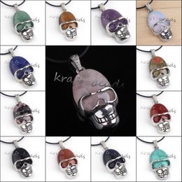 whole 10Pcs Charms Silver Plated Mixed Different Natureal Stone Skull Shape Stone Pendant Jewellery Fit Necklace No Chain2397