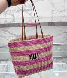 Miu Bag Leisure Shopping the Tote Bag for Women Fashion Manual Weave Straw Fabrics Large 24 Vacation Beach Bags Reusable City Beach Bags Designer Stripe Handbag