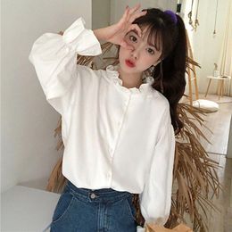 Women's Blouses Kawaii Shirt Harajuku Japanese Korean Style White Lolita Ruffle Tops Loose Sweet Soft Girl Long Sleeve Cute A204