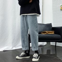 Men's Jeans Men Loose Straight Leg Pants Elastic Waist Teenager Casual Ankle-length Mouth Kpop Clothes Hip Hop Wide