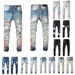 Top quality Mens jeans Hole patch printing Distressed Motorcycle biker jean Rock Skinny Slim Ripped Knee zipper Denim pants347t