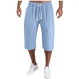 Men's Shorts Fashion Casual Solid Cotton Linen Elastic Waist Pants Capris Plus Size Men Breathable Cool Calf-Length Short Sweatpants