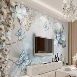 Beibehang Mural wallpaper 3d three-dimensional mediterranean flower butterfly beautiful jewelry TV background wall272q