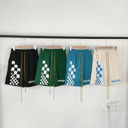 RHude Print Men's Shorts Summer Checker Mesh Men Women Top Quality Oversize Yellow Drawstring Breeches Anime 230718