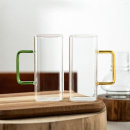 Mugs 400ml Square Transparent Glass Mug Breakfast Milk Coffee Cup Microwave Safe Party Beer With Golden Green Handle Teacups