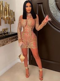 Casual Dresses KEXU Sexy Mesh See Through Gold Sequin Dress Women Party Night Elegant Feathers Long Sleeve Mini Club Birthday Bodycon