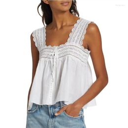 Women's Tanks 2023 Summer Women Sweet Square Neck Wide Shoulder Strap Hollow Lace Tie Loose Suspender Top