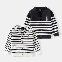 Pullover 2023 Autumn Winter Kids Boys Cardigan Cotton Knitted Striped Sweater Embroidery Cartoon Bear Open Stitch Children Boys Outerwear HKD230719