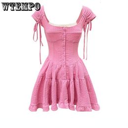 Basic Casual Dresses WTEMPO Pink Short sleeved Dress Spring and Summer Solid Thin Breathable Square Neck White Frock 2023 Fashion A line Mini 230718