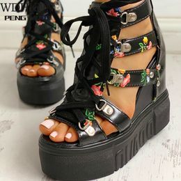 Print Leisure INS Wedges Women s Summer Sandals Platform Shoelaces High Heels Casual Shoes Woman Sandal Shoelace Heel Caual Shoe