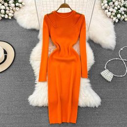 Casual Dresses Women Chic Hollow Off Shoulder Long Sleeve Bodycon Dress Sexy Party French Fashion Knit Wrap Vestidos Elegant Slim Pencil