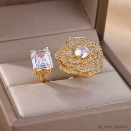 Band Rings Romantic Zircon Flower Rings for Women Open Stainless Steel Ring 2023 Trend New Luxury Engagement Wedding Jewellery mujer R230719