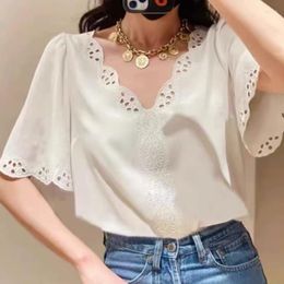Women's Blouses Spring And Summer Solid Color Embroidery Hollow V-neck Trumpet Sleeve White Shirt Women Casual Half-sleeved Top