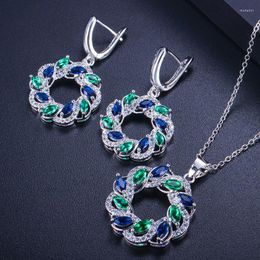 Necklace Earrings Set ThreeGraces Minimalist Blue Green Cubic Zirconia Crystal Hoop And Pendant Party Jewellery For Women JS638