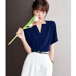 Women's Blouses Fashion Women Blouse Elegant Blue Summer 2023 Short-sleeve V-neck Plain Pullover Tops Office Lady Formal Shirts Camisas