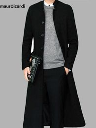 Men's Wool Blends Mauroicardi Autumn Winter Long Fitted Black Thick Warm Soft Wool Blends Coat Men Single Breasted Luxury Designer Overcoat 2023 HKD230718