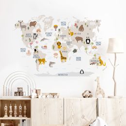 Adesivos de parede de desenho animado mapa-múndi grande adesivos de parede animais animais selvagens aquarela crianças vinil berçário arte decalques para quarto de bebê meninas decoração de casa 230718