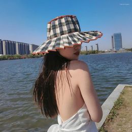 Wide Brim Hats Spring And Summer Casual Plaid Collapsible Fold Type Large Eaves Sun Protection Straw Hat For Women Outdoor Travel Shade