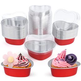 Cake Tools 50Pcs Aluminum Foil Pan Heart Shaped Cupcake Cup with Lids Baking Cups Ramekins Desserts Flans for Valentine Wedding Decor 230719