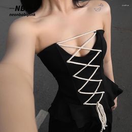 Women's Tanks NEONBABIPINK Sexy Ladies Bandage Tube Top Black Ruffle Hem Backless Busiter Tank Tops For Women 2023 Summer Clothes N69-BE13