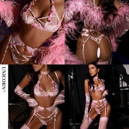 NXY Sexy Love Fancy Lingerie Sensual Fairy Underwear 4-Piece Halter Bra Cut Out Thongs Delicate Luxury Lace Exotic Sets Sissy Outfit 230717