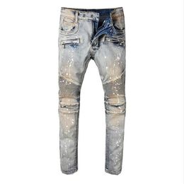 Men Draped Ripped Skinny Biker Holes Color Washed Jeans Destroyed Straight pants Slim Fit Denim Scratched Overalls Jean304H