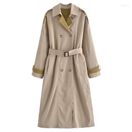 Women's Trench Coats 2023 Spring And Summer Lapel Long-sleeved Loose Tie Double-breasted Color-block Windbreaker Jacket