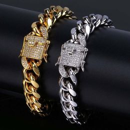 Hip Hop CZ Zircon Paved Lock Bling Ice Out Cuban Miami Curb Link Chain Bracelets for Men Rapper Jewelry Gold Silver Color245c