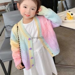 Pullover Rainbow Knitted Cardigan Sweater Kids Girl Autumn Winter Sweet Kawaii Sweater Coat Children Girl Korean Button Down Cardigan HKD230719