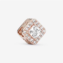 New Arrival 925 Sterling Silver Rose Gold Square Sparkle Halo Charm Fit Original European Charm Bracelet Fashion Jewelry Accessori231P