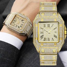 Square Diamond Men Watch Gold Iced Out Watch Big Dial Quartz Business Wrist Hip Hop Male Clock Relogio Masculino222P