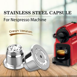 Coffee Philtres ICafilas Cream Nespresso Refillable Coffee Capsule Pod Stainless Steel Espresso Coffee Philtre Tamper Capsule Coffeeware 230718