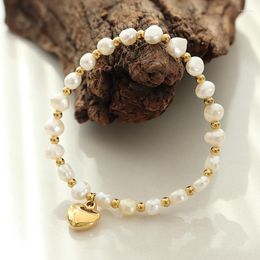 Charm Bracelets Natural Freshwater Pearl For Women Romantic Heart Elastic Bracelet Stainless Steel Jewellery Korean Fashion